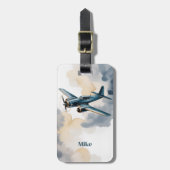 青と金の水彩画のエレガントな飛行機と雲 ラゲッジタグ (正面縦)
