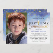 青と金の水彩画の少年、初めての聖体拝領 招待状 (正面/裏面)
