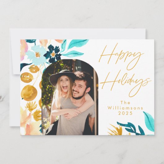 青と金の水彩花 | 1枚の写真 エレガント シーズンカード (正面)