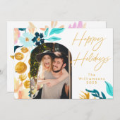 青と金の水彩花 | 1枚の写真 エレガント シーズンカード (正面/裏面)