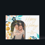 青と金の水彩花 | 1枚の写真 エレガント シーズンカード<br><div class="desc">ボヘミアンスタイルのターコイズブルーとゴールドの水彩花の写真 ホリデーカード</div>