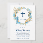 青と金の海の下のリース洗礼 招待状 (正面)