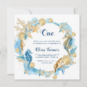 青と金の海の下の少年誕生日スクエア 招待状 (正面)