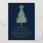 青と金の筆記体で描かれた企業ロゴのクリスマスツリー 箔シーズンカード (正面)