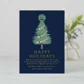青と金の筆記体で描かれた企業ロゴのクリスマスツリー 箔シーズンカード (立ち正面)