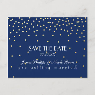 青と金の箔ドット Save The Date ポストカード