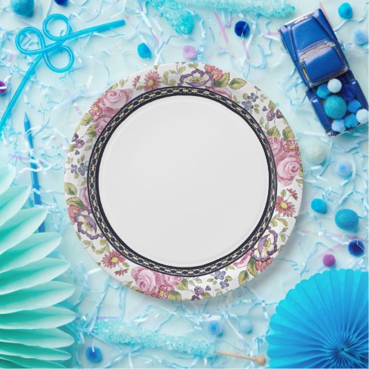 青と金の縁取り ピンクの花園ガーデンティーパーティー ペーパープレート (パーティー)