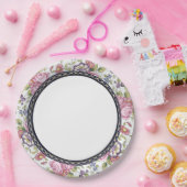 青と金の縁取り ピンクの花園ガーデンティーパーティー ペーパープレート (パーティー)