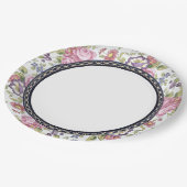 青と金の縁取り ピンクの花園ガーデンティーパーティー ペーパープレート (アングル)