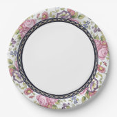 青と金の縁取り ピンクの花園ガーデンティーパーティー ペーパープレート (正面)