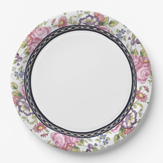青と金の縁取り ピンクの花園ガーデンティーパーティー ペーパープレート (正面)
