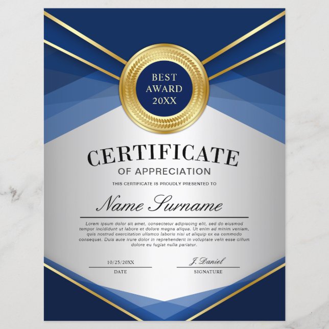 青と金の縦型感謝証明書 (正面)