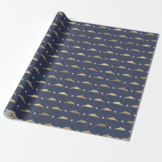 青と金の航海ドルフィンパターン ラッピングペーパー (アンロールド)