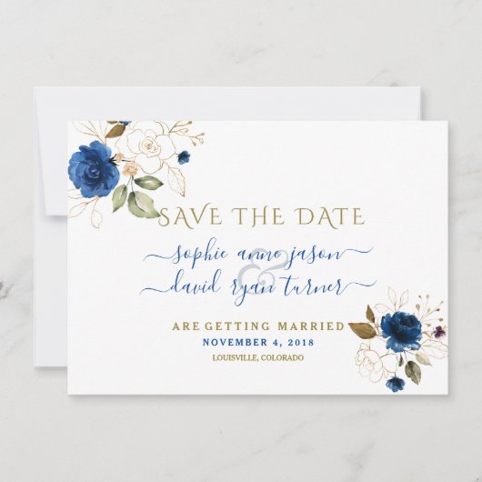 青と金の花のカリグラフィー結婚式 Save The Date セーブザデート (正面)