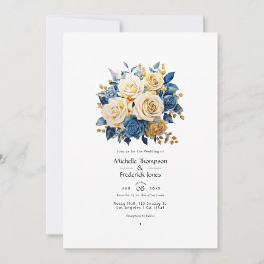 青と金の花の結婚式 招待状 (正面)