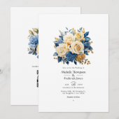 青と金の花の結婚式 招待状 (正面/裏面)