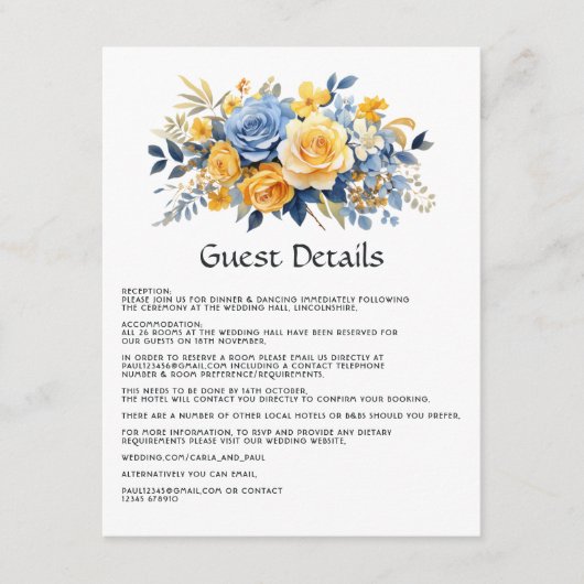 青と金の花柄のウェディングゲストの詳細 エンクロージャーカード (正面)