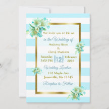 青と金の花柄のウェディング招待状