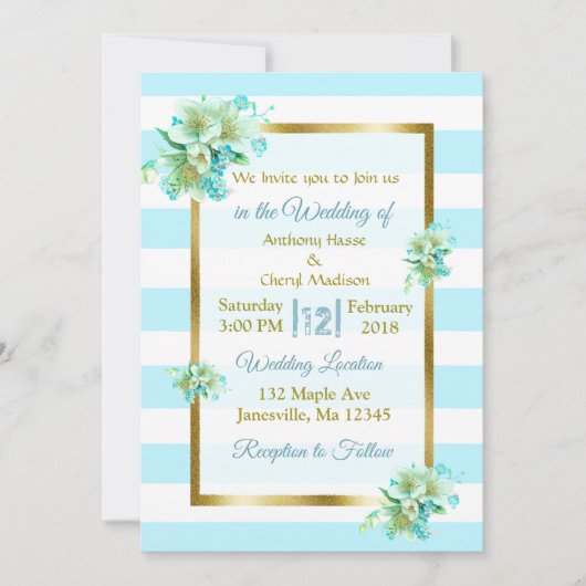 青と金の花柄のウェディング招待状 招待状 (正面)