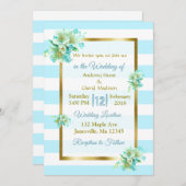 青と金の花柄のウェディング招待状 招待状 (正面/裏面)