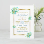 青と金の花柄のウェディング招待状 招待状 (スタンド正面)