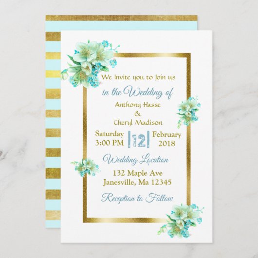 青と金の花柄のウェディング招待状 招待状 (正面/裏面)