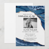 青と金の葬儀　人生を称える 招待状 (正面/裏面)