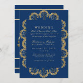 青と金の豪華なインド風結婚式 招待状 (正面/裏面)