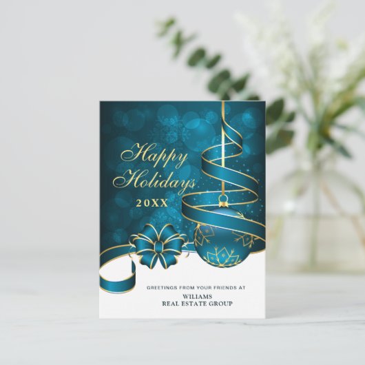 青と金の輝きのクリスマス コーポレート グリーティング ポストカード (スタンド正面)