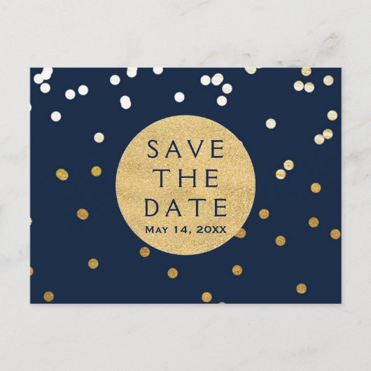青と金の輝くコンフェッティドット Save The Date 案内ポストカード (正面)