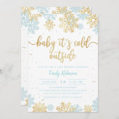 青と金の雪の結晶の冬の少年ベビーシャワー 招待状 (正面/裏面)