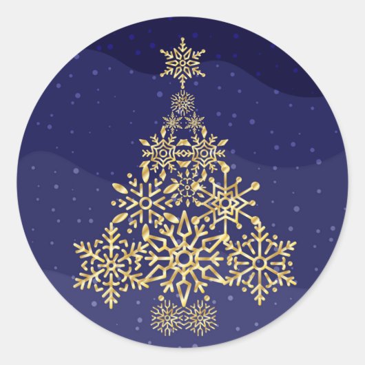 青と金の雪の結晶ツリーデザインのクリスマスステッカー ラウンドシール (正面)