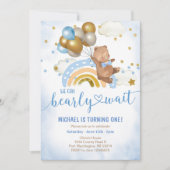 青と金の風船クマの誕生日パーティー 招待状 (正面)