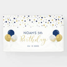 青と金の風船 5歳の子供の誕生日バナー