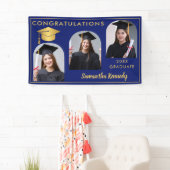 青と金ゴールドおめでとう3写真卒業 横断幕 (インサイチュ)