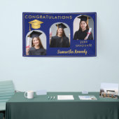 青と金ゴールドおめでとう3写真卒業 横断幕 (トレードショー)