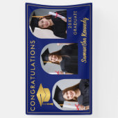 青と金ゴールドおめでとう3写真卒業 横断幕 (縦)