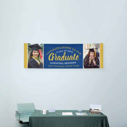 青と金ゴールドのおめでとう卒業2写真卒業 横断幕 (トレードショー)