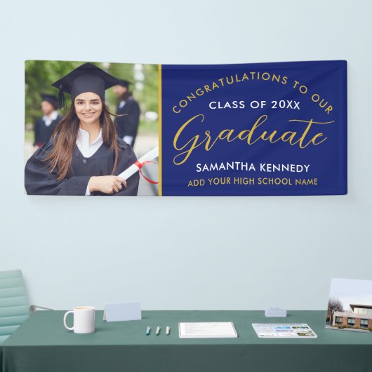 青と金ゴールドのおめでとう大学院写真卒業 横断幕 (トレードショー)