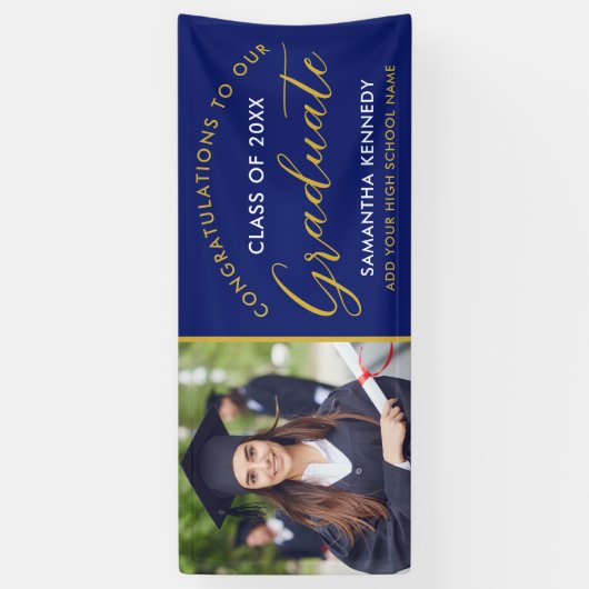 青と金ゴールドのおめでとう大学院写真卒業 横断幕 (縦)
