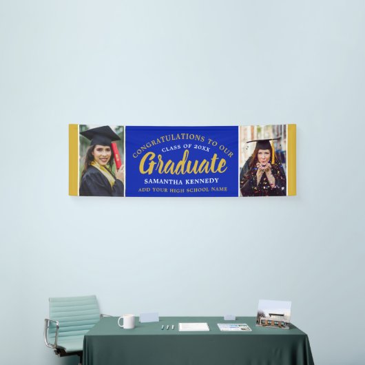 青と金ゴールドのおめでとう大学院写真卒業 横断幕 (トレードショー)