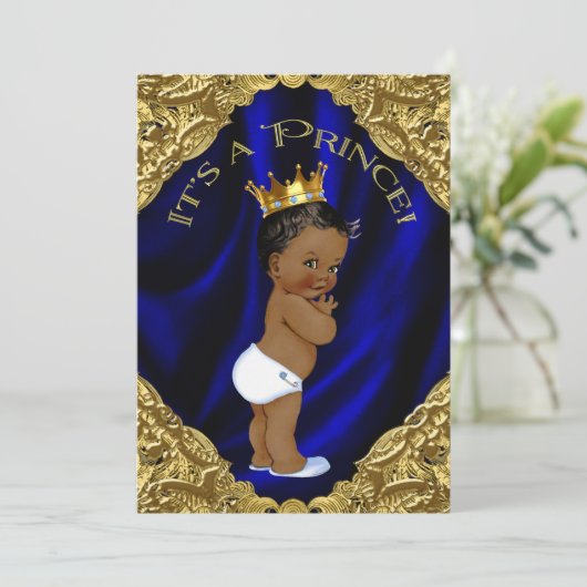 青と金ゴールドのアフリカ系アメリカ人プリンスベビーシャワー 招待状 (スタンド正面)