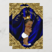 青と金ゴールドのアフリカ系アメリカ人プリンスベビーシャワー 招待状 (正面/裏面)