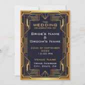 青と金ゴールドのアールデコ結婚式招待状 招待状 (正面)