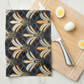 青と金ゴールドのアールデコ キッチンタオル (四つ折り)