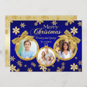 青と金ゴールドのオーナメントクリスマスフォトカード シーズンカード (正面/裏面)