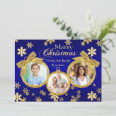 青と金ゴールドのオーナメントクリスマスフォトカード シーズンカード (スタンド正面)