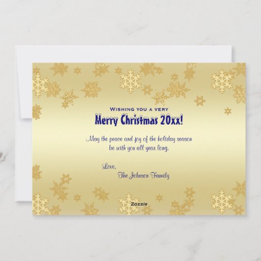 青と金ゴールドのオーナメントクリスマスフォトカード シーズンカード (裏面)