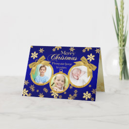 青と金ゴールドのオーナメントクリスマスフォトカード シーズンカード