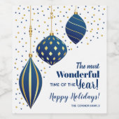 青と金ゴールドのクリスマスオーナメントとドット ワインラベル (シングルラベル)